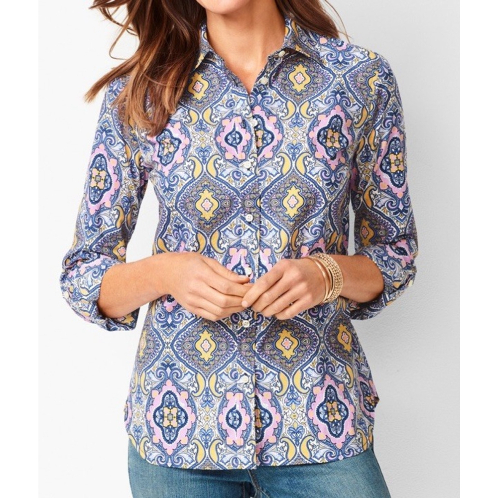 Talbots Paisley Printed Button Up Shirt Women Roll Tab Long Sleeve Cotton Sz XS